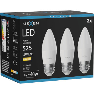 Mexen Nova 3x LED žiarovka E27, C37, 5W, teplá - 3000K, 525 lm - L102-E27-0530-01x03