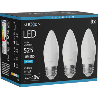 Mexen Nova 3x LED žiarovka E27, C37, 5W, studená - 6500K, 525 lm - L102-E27-0565-01x03