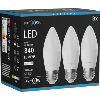 Mexen Nova 3x LED žiarovka E27, C37, 8W, neutrálna - 4000K, 840 lm - L102-E27-0840-01x03