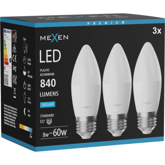 Mexen Nova 3x LED žiarovka E27, C37, 8W, studená - 6500K, 840 lm - L102-E27-0865-01x03