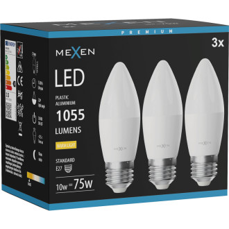 Mexen Nova 3x LED žiarovka E27, C37, 10W, teplá - 3000K, 1055 lm - L102-E27-1030-01x03