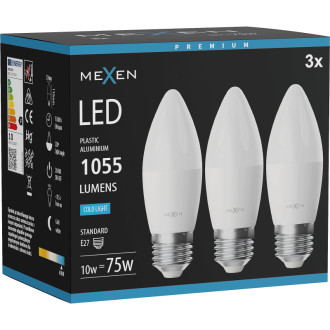 Mexen Nova 3x LED žiarovka E27, C37, 10W, studená - 6500K, 1055 lm - L102-E27-1065-01x03