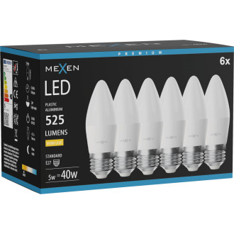 Mexen Nova 6x LED žiarovka E27, C37, 5W, teplá - 3000K, 525 lm - L102-E27-0530-01x06