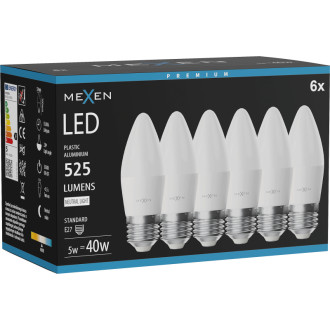 Mexen Nova 6x LED žiarovka E27, C37, 5W, neutrálna - 4000K, 525 lm - L102-E27-0540-01x06