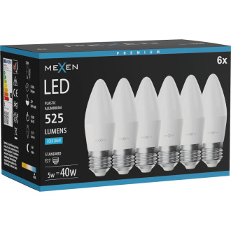 Mexen Nova 6x LED žiarovka E27, C37, 5W, studená - 6500K, 525 lm - L102-E27-0565-01x06