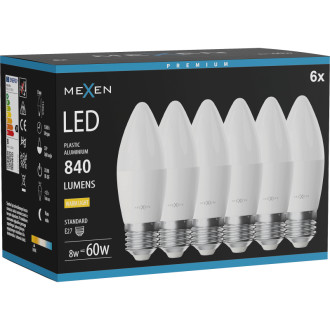Mexen Nova 6x LED žiarovka E27, C37, 8W, teplá - 3000K, 840 lm - L102-E27-0830-01x06
