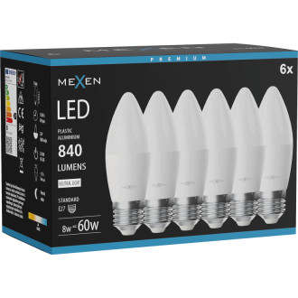 Mexen Nova 6x LED žiarovka E27, C37, 8W, neutrálna - 4000K, 840 lm - L102-E27-0840-01x06