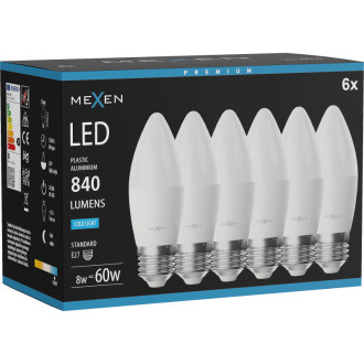 Mexen Nova 6x LED žiarovka E27, C37, 8W, studená - 6500K, 840 lm - L102-E27-0865-01x06