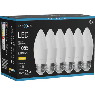 Mexen Nova 6x LED žiarovka E27, C37, 10W, teplá - 3000K, 1055 lm - L102-E27-1030-01x06