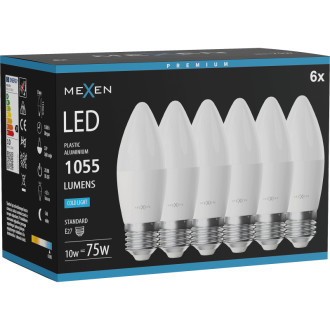 Mexen Nova 6x LED žiarovka E27, C37, 10W, studená - 6500K, 1055 lm - L102-E27-1065-01x06