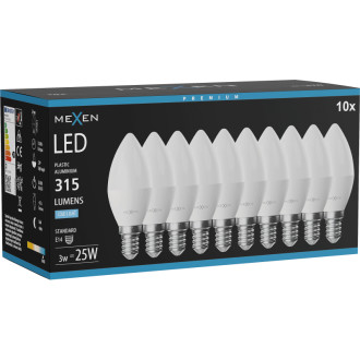 Mexen Nova 10x LED žiarovka E14, C37, 3W, studená - 6500K, 315 lm - L102-E14-0365-01x10
