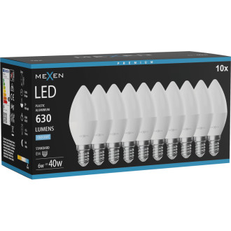 Mexen Nova 10x LED žiarovka E14, C37, 6W, studená - 6500K, 630 lm - L102-E14-0665-01x10