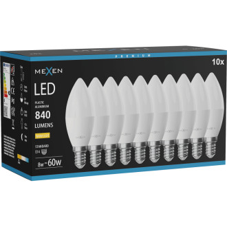 Mexen Nova 10x LED žiarovka E14, C37, 8W, teplá - 3000K, 840 lm - L102-E14-0830-01x10