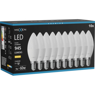 Mexen Nova 10x LED žiarovka E14, C37, 9W, teplá - 3000K, 945 lm - L102-E14-0930-01x10