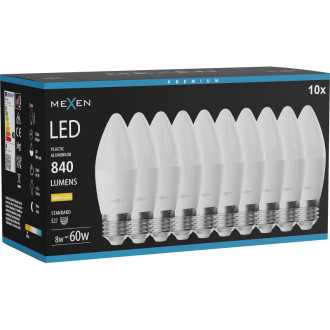 Mexen Nova 10x LED žiarovka E27, C37, 8W, teplá - 3000K, 840 lm - L102-E27-0830-01x10