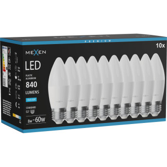 Mexen Nova 10x LED žiarovka E27, C37, 8W, studená - 6500K, 840 lm - L102-E27-0865-01x10
