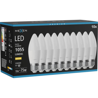 Mexen Nova 10x LED žiarovka E27, C37, 10W, teplá - 3000K, 1055 lm - L102-E27-1030-01x10
