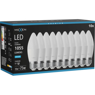 Mexen Nova 10x LED žiarovka E27, C37, 10W, studená - 6500K, 1055 lm - L102-E27-1065-01x10