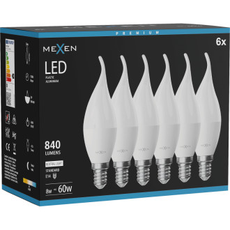Mexen Nova 6x LED žiarovka E14, C37, 8W, neutrálna - 4000K, 840 lm - L106-E14-0840-01x06