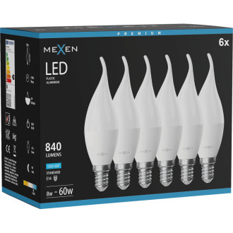 Mexen Nova 6x LED žiarovka E14, C37, 8W, studená - 6500K, 840 lm - L106-E14-0865-01x06