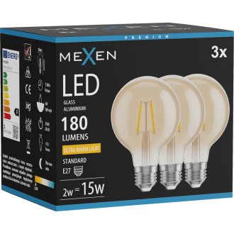 Mexen Vintis 3x LED žiarovka s vláknom E27, G80, 2W, teplá - 2200K, 180 lm, jantárová - L155-E27-0222-50x03