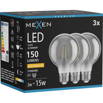Mexen Vintis 3x LED žiarovka s vláknom E27, G80, 2W, teplá - 2200K, 150 lm, dymová - L155-E27-0222-70x03