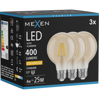 Mexen Vintis 3x LED žiarovka s vláknom E27, G80, 4W, teplá - 2200K, 400 lm, jantárová - L155-E27-0422-50x03