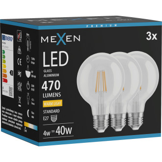 Mexen Vintis 3x LED žiarovka s vláknom E27, G80, 4W, teplá - 2700K, 470 lm, číra - L155-E27-0427-00x03