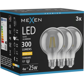 Mexen Vintis 3x LED žiarovka s vláknom E27, G80, 4W, teplá - 2700K, 300 lm, dymová - L155-E27-0427-70x03