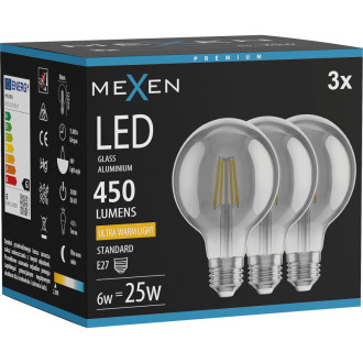 Mexen Vintis 3x LED žiarovka s vláknom E27, G80, 6W, teplá - 2200K, 450 lm, dymová - L155-E27-0622-70x03