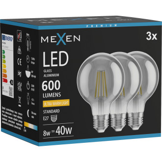 Mexen Vintis 3x LED žiarovka s vláknom E27, G80, 8W, teplá - 2200K, 600 lm, dymová - L155-E27-0822-70x03