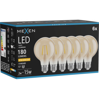 Mexen Vintis 6x LED žiarovka s vláknom E27, G80, 2W, teplá - 2200K, 180 lm, jantárová - L155-E27-0222-50x06