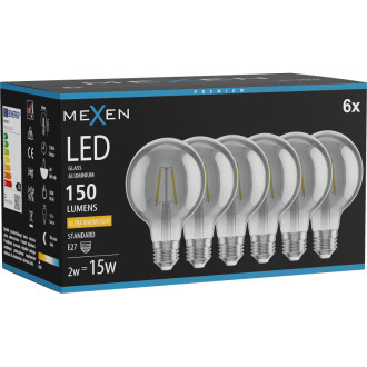 Mexen Vintis 6x LED žiarovka s vláknom E27, G80, 2W, teplá - 2200K, 150 lm, dymová - L155-E27-0222-70x06