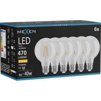 Mexen Vintis 6x LED žiarovka s vláknom E27, G80, 4W, teplá - 2700K, 470 lm, číra - L155-E27-0427-00x06