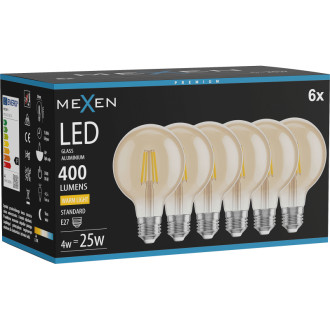 Mexen Vintis 6x LED žiarovka s vláknom E27, G80, 4W, teplá - 2700K, 400 lm, jantárová - L155-E27-0427-50x06