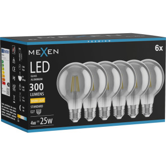 Mexen Vintis 6x LED žiarovka s vláknom E27, G80, 4W, teplá - 2700K, 300 lm, dymová - L155-E27-0427-70x06