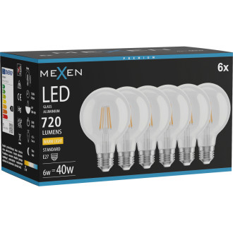 Mexen Vintis 6x LED žiarovka s vláknom E27, G80, 6W, teplá - 2700K, 720 lm, číra - L155-E27-0627-00x06