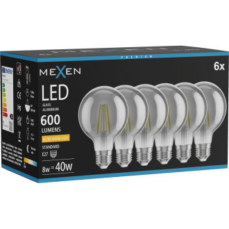 Mexen Vintis 6x LED žiarovka s vláknom E27, G80, 8W, teplá - 2200K, 600 lm, dymová - L155-E27-0822-70x06