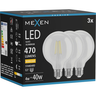 Mexen Vintis 3x LED žiarovka s vláknom E27, G95, 4W, teplá - 2700K, 470 lm, číra - L157-E27-0427-00x03