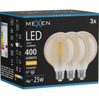 Mexen Vintis 3x LED žiarovka s vláknom E27, G95, 4W, teplá - 2700K, 400 lm, jantárová - L157-E27-0427-50x03