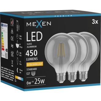 Mexen Vintis 3x LED žiarovka s vláknom E27, G95, 6W, teplá - 2200K, 450 lm, dymová - L157-E27-0622-70x03