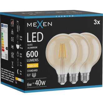 Mexen Vintis 3x LED žiarovka s vláknom E27, G95, 6W, teplá - 2700K, 600 lm, jantárová - L157-E27-0627-50x03