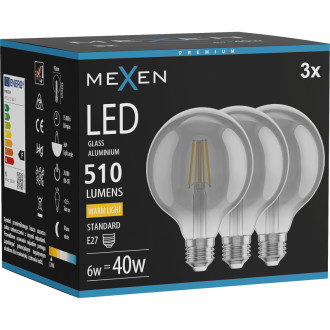 Mexen Vintis 3x LED žiarovka s vláknom E27, G95, 6W, teplá - 2700K, 510 lm, dymová - L157-E27-0627-70x03