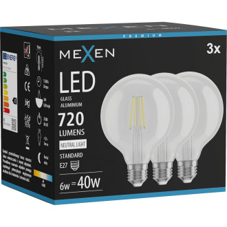 Mexen Vintis 3x LED žiarovka s vláknom E27, G95, 6W, neutrálna - 4000K, 720 lm, číra - L157-E27-0640-00x03