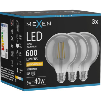 Mexen Vintis 3x LED žiarovka s vláknom E27, G95, 8W, teplá - 2200K, 600 lm, dymová - L157-E27-0822-70x03