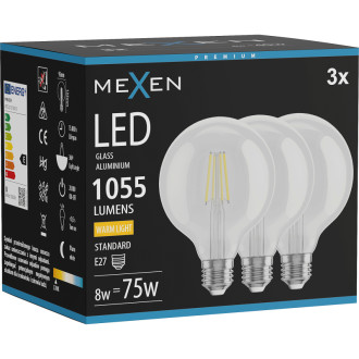 Mexen Vintis 3x LED žiarovka s vláknom E27, G95, 8W, teplá - 2700K, 1055 lm, číra - L157-E27-0827-00x03