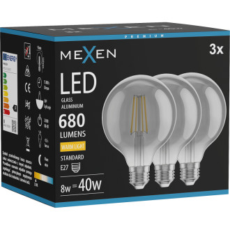 Mexen Vintis 3x LED žiarovka s vláknom E27, G95, 8W, teplá - 2700K, 680 lm, dymová - L157-E27-0827-70x03