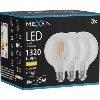 Mexen Vintis 3x LED žiarovka s vláknom E27, G95, 10W, teplá - 2700K, 1320 lm, číra - L157-E27-1027-00x03