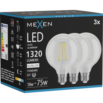 Mexen Vintis 3x LED žiarovka s vláknom E27, G95, 10W, neutrálna - 4000K, 1320 lm, číra - L157-E27-1040-00x03