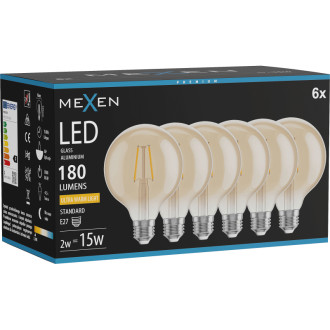 Mexen Vintis 6x LED žiarovka s vláknom E27, G95, 2W, teplá - 2200K, 180 lm, jantárová - L157-E27-0222-50x06